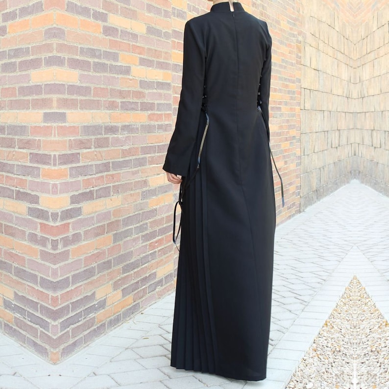 Black Lace Up Maxi Dress Plus Size Maxi Dress Abaya Dress Collared Maxi Dress Long Sleeve Maxi Dress with Pleats Modest Dress