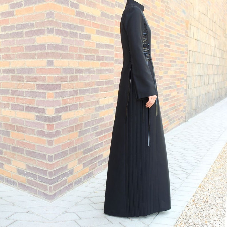 Black Lace Up Maxi Dress Plus Size Maxi Dress Abaya Dress Collared Maxi Dress Long Sleeve Maxi Dress with Pleats Modest Dress