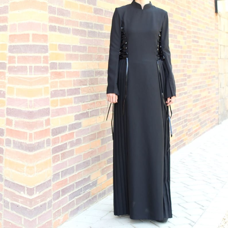 Black Lace Up Maxi Dress Plus Size Maxi Dress Abaya Dress Collared Maxi Dress Long Sleeve Maxi Dress with Pleats Modest Dress