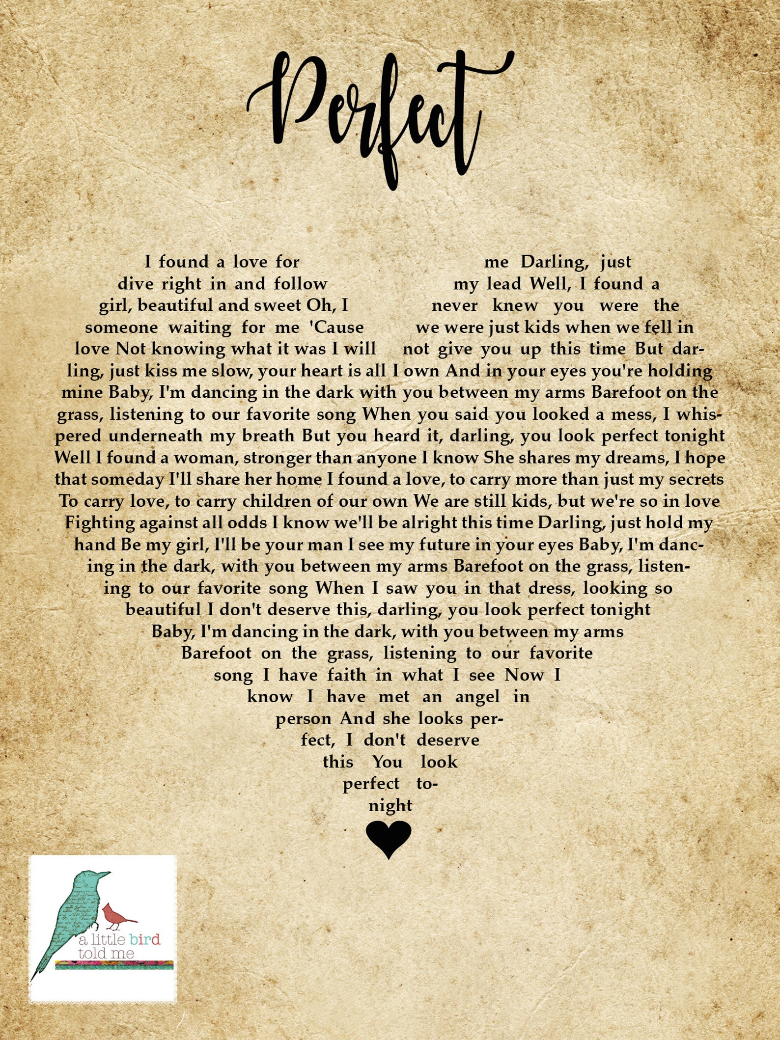 Ed Sheeran 'perfect' Song Lyrics Print Heart Shape Etsy