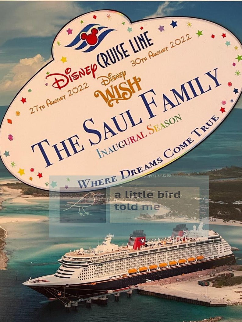 Puede incluir: Un cartel rosa con el texto "Disney Cruise Line" y "Disney Wish" con un logotipo de cabeza de Mickey Mouse. El cartel tambi&eacute;n dice "The Saul Family" y "Inaugural Season" con una ilustraci&oacute;n de un p&aacute;jaro azul y blanco y el texto "Where dreams come true" debajo. El cartel est&aacute; delante de un gran crucero atracado en una isla tropical.