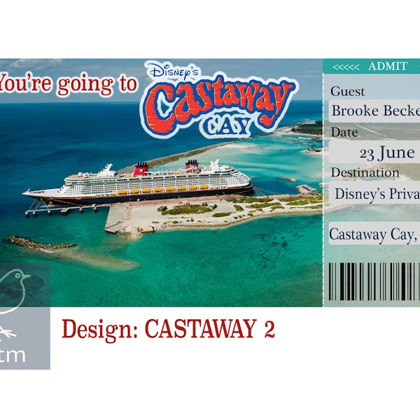 Personalised  Cruise Castaway Cay  Private Island ticket boarding pass surprise reveal