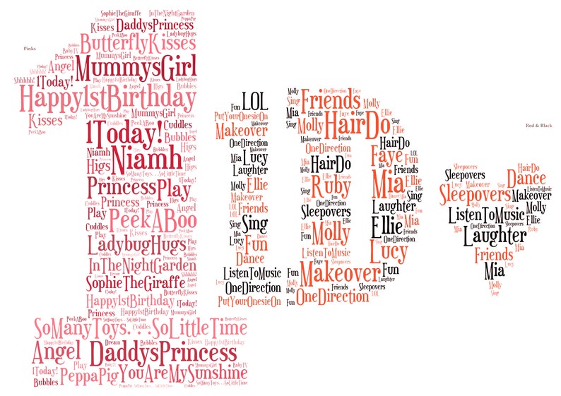 May include: A digital art print featuring the number "10" and a heart shape, each composed of words in red and black. The words relate to friendship, birthdays, and fun activities.