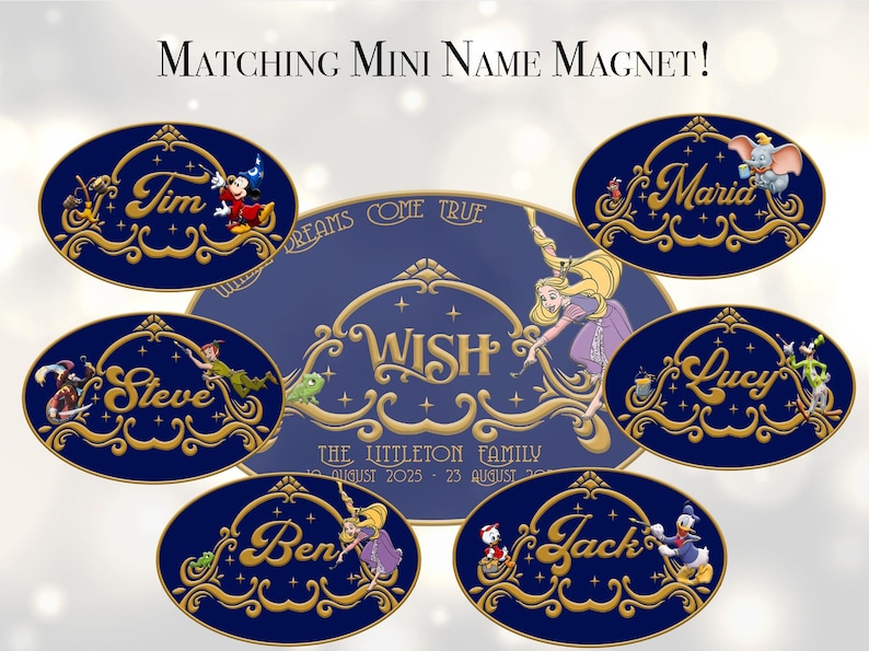 Pu&ograve; includere: Magneti ovali blu navy con bordi dorati e nomi personalizzati, accompagnati da personaggi Disney. I nomi includono "Tim", "Maria", "Steve", "Lucy", "Ben" e "Jack". Un magnete centrale mostra "WISH" con Rapunzel.