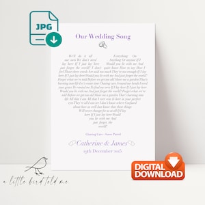 Wedding / Anniversary / Valentines  song lyrics Gift - heart shape - You choose the song! DIGITAL high res .jpg image for own printing!