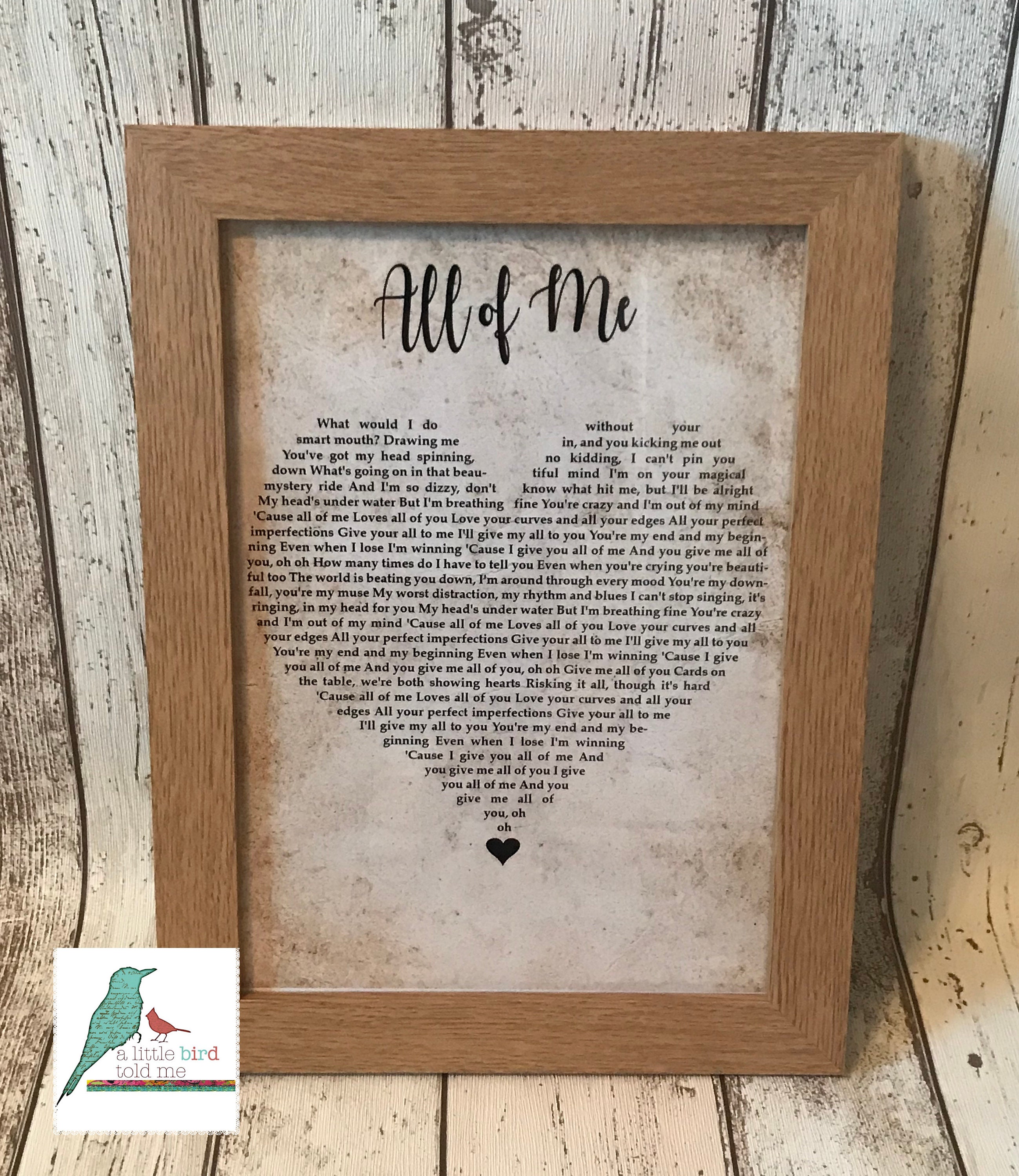 John Legend All Of Me LYRICS print. With your PERSONALISED -  Portugal