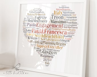Heart Engagement word art gift keepsake unique print / print & frame - any colours, any words