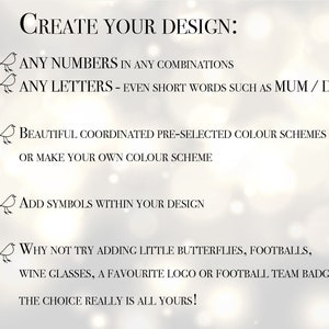May include: Text on a blurred background reads "CREATE YOUR DESIGN:" followed by options for numbers, letters, color schemes, and symbols. It suggests adding butterflies, footballs, wine glasses, logos, or team badges. The text is in black.