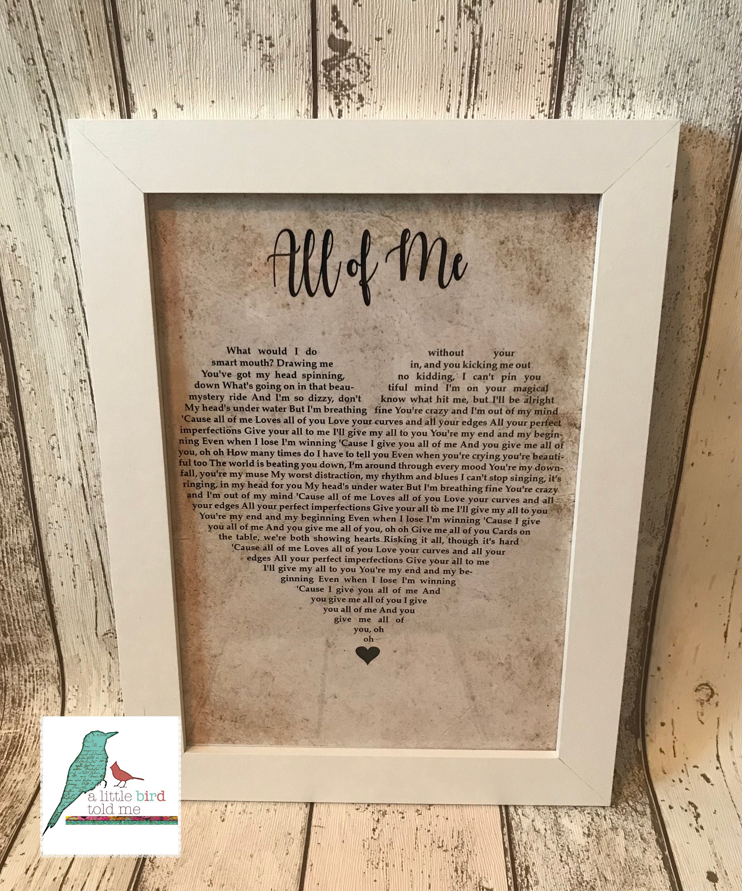 John Legend All Of Me LYRICS print. With your PERSONALISED -  Portugal