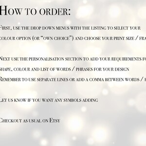 May include: Instructions on how to order, with text that reads: "How to order: First, use the drop down menus... Next use the personalisation section... Remember to use separate lines... Let us know if you want any symbols adding... Checkout as usual on Etsy."