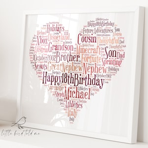 Può includere: Una nuvola di parole a forma di cuore rosa e rosso con le parole "Happy 18th Birthday" al centro. La nuvola di parole include anche i nomi Michael, Brother, Cousin, Son e Nephew, oltre ad altre parole relative a hobby e interessi, come "Fortnite", "Minecraft", "Scouts" e "Athletics".