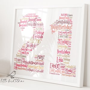 May include: A framed print with the number 21 formed from words like "Happy Birthday," "Daughter," and "Cocktails." The words are in shades of red and gold against a white background. The frame is white.
