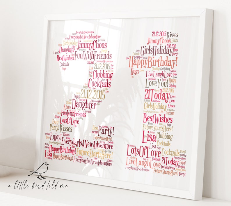 May include: A framed print with the number 21 formed from words like "Happy Birthday," "Daughter," and "Cocktails." The words are in shades of red and gold against a white background. The frame is white.