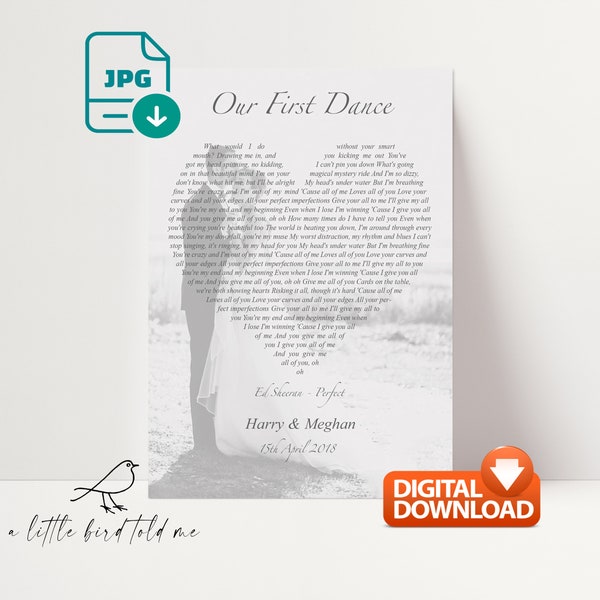 First Dance personalised photograph song lyrics - heart shape - First Dance / Wedding / Anniversary DIGITAL IMAGE .jpg via email