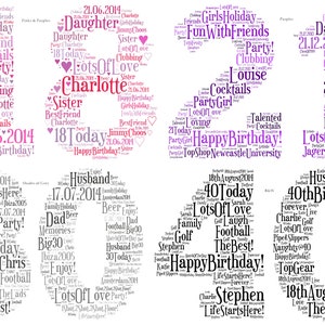 May include: Word cloud art featuring the numbers 18, 21, 30, and 40, each filled with words related to birthdays and celebrations. The color scheme includes pink, purple, and black, with text like "Happy Birthday" and names.