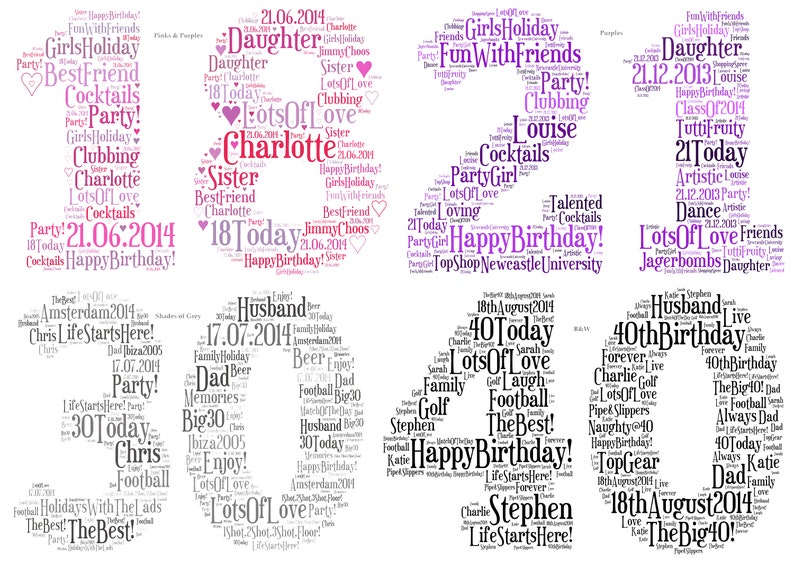 May include: Word cloud art featuring the numbers 18, 21, 30, and 40, each filled with words related to birthdays and celebrations. The color scheme includes pink, purple, and black, with text like "Happy Birthday" and names.