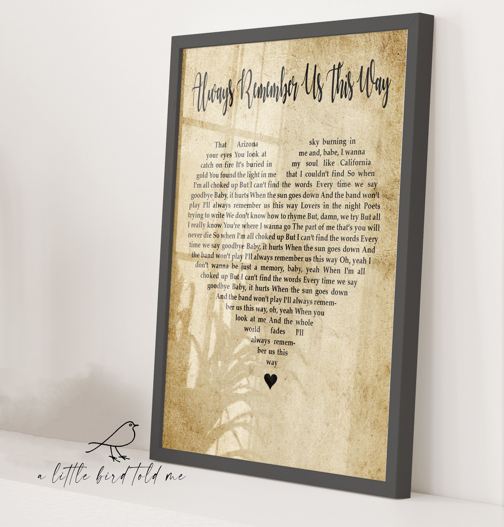 A Star Is Born 'Always Remember Us This Way' Song lyrics print Lady Gaga  Bradley Cooper Wedding Love Engagement Wall Art