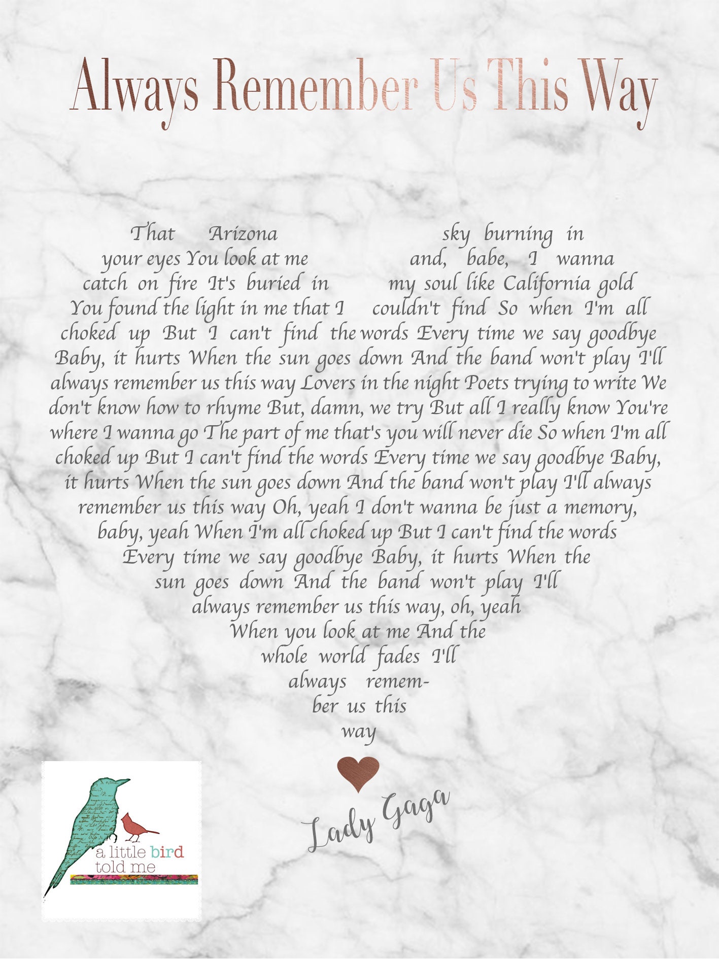 Parole Lady Gaga Always Remember Us This Way A Star Is Born 'Always Remember Us This Way' Paroles - Etsy France