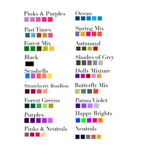 May include: A white background features color palettes with names like "Pinks & Purples," "Ocean," and "Autumnal." Each palette is represented by a series of small, colored squares, showcasing a range of hues and shades. The text "Black" is also displayed.