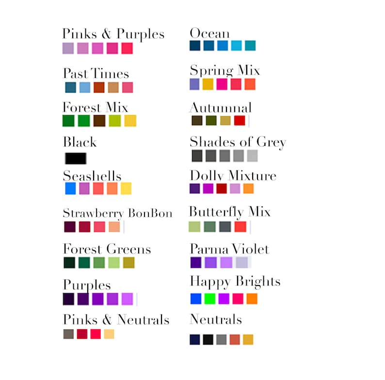 May include: A white background features color palettes with names like "Pinks & Purples," "Ocean," and "Autumnal." Each palette is represented by a series of small, colored squares, showcasing a range of hues and shades. The text "Black" is also displayed.