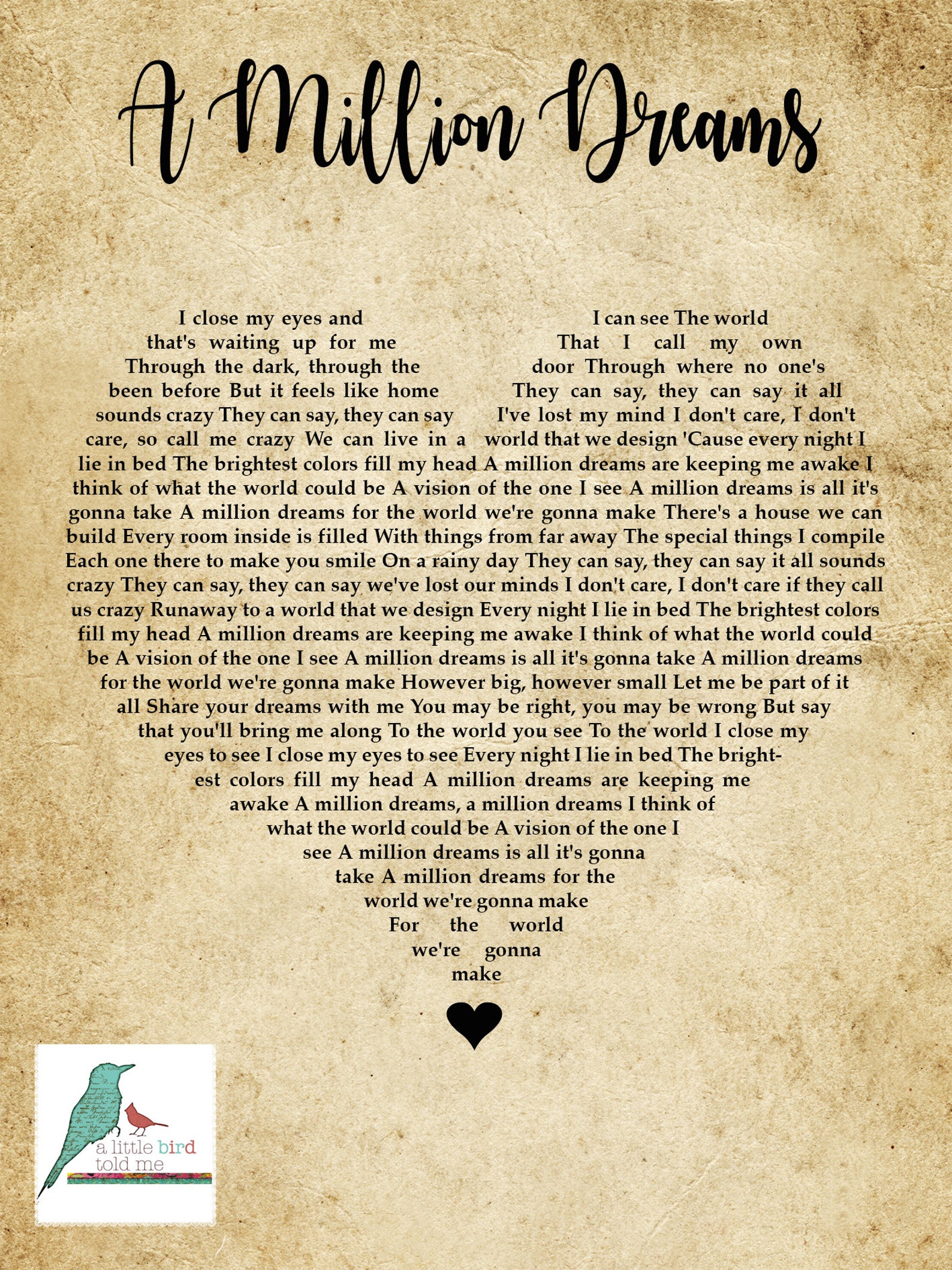A Million Dreams The Greatest Showman Song lyrics print | Etsy