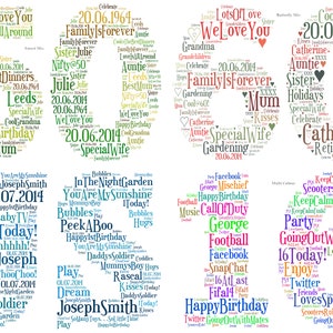 May include: A collection of eight images, each featuring a number or letter formed from a collage of words. The color palettes vary, with words like "Happy Birthday" and names, creating personalized designs.