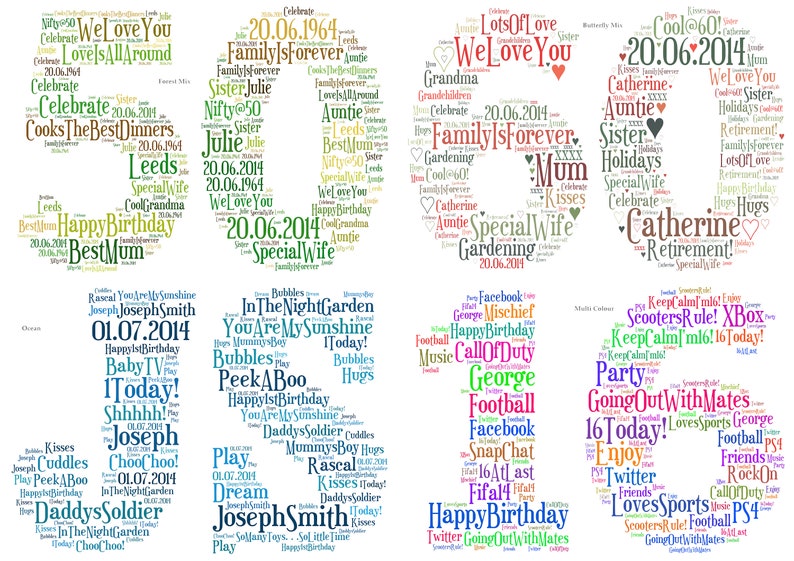 May include: A collection of eight images, each featuring a number or letter formed from a collage of words. The color palettes vary, with words like "Happy Birthday" and names, creating personalized designs.