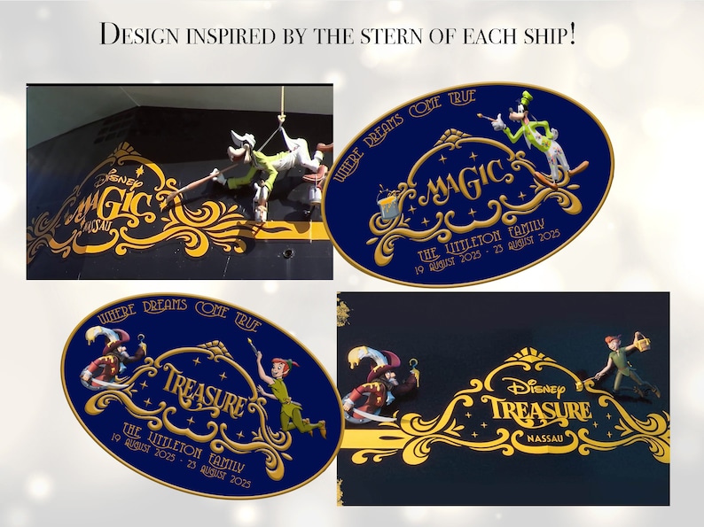 Pu&ograve; includere: L'immagine presenta disegni ispirati alle poppe delle navi Disney. I disegni includono le parole "MAGIC" e "TREASURE" in oro, con illustrazioni di personaggi e il testo "WHERE DREAMS COME TRUE". Sono inclusi anche il testo "THE LITTLETON FAMILY" e le date.