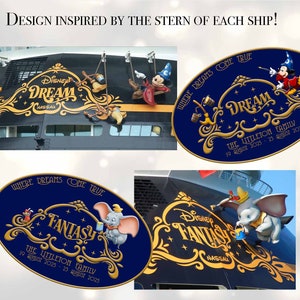 Pu&ograve; includere: Immagine con design di navi da crociera Disney. In alto a sinistra la nave Disney Dream con Topolino e scope. In alto a destra un ovale blu con Topolino e la scritta "DREAM". In basso a sinistra un ovale blu con Dumbo e la scritta "FANTASY". In basso a destra la nave Disney Fantasy.