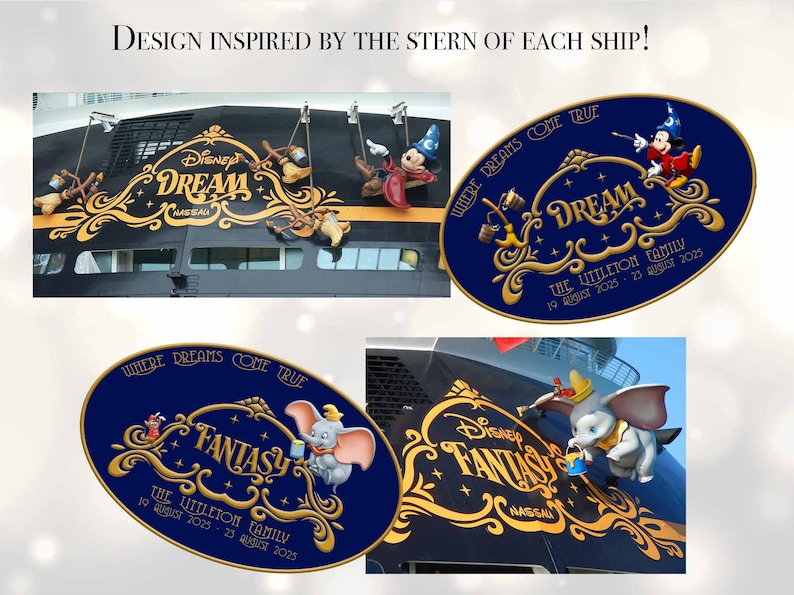 Pu&ograve; includere: Immagine con design di navi da crociera Disney. In alto a sinistra la nave Disney Dream con Topolino e scope. In alto a destra un ovale blu con Topolino e la scritta "DREAM". In basso a sinistra un ovale blu con Dumbo e la scritta "FANTASY". In basso a destra la nave Disney Fantasy.