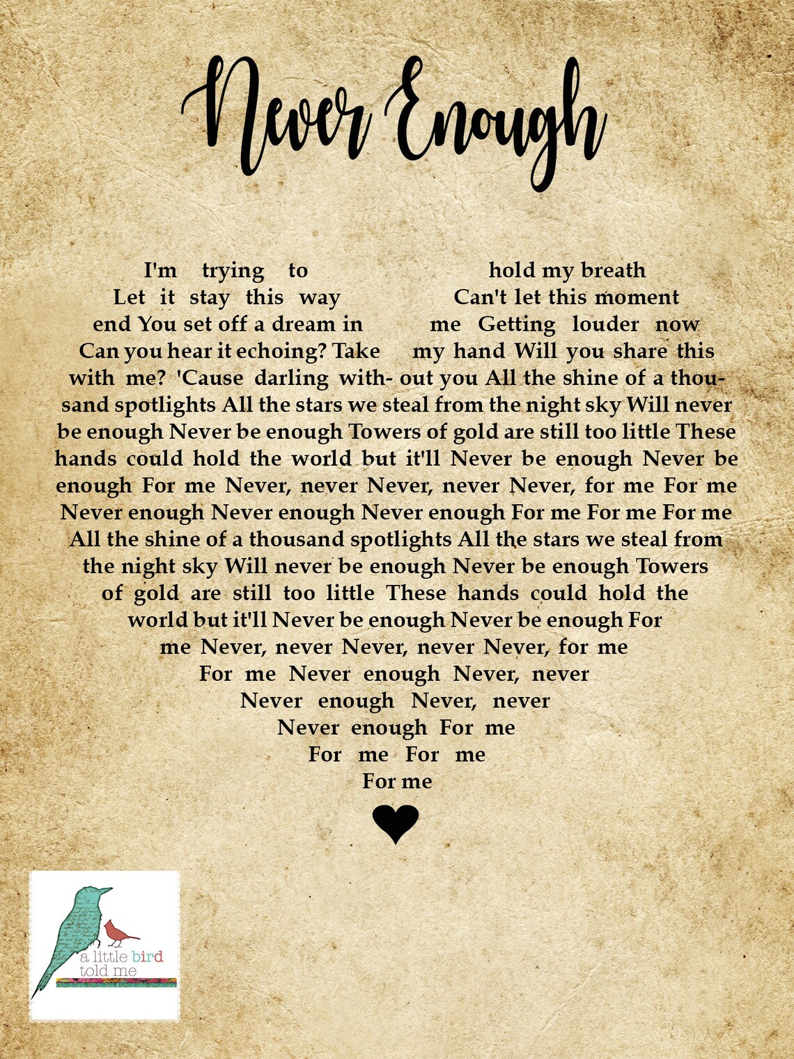 Never Enough the Greatest Showman Song Lyrics Print Heart Etsy