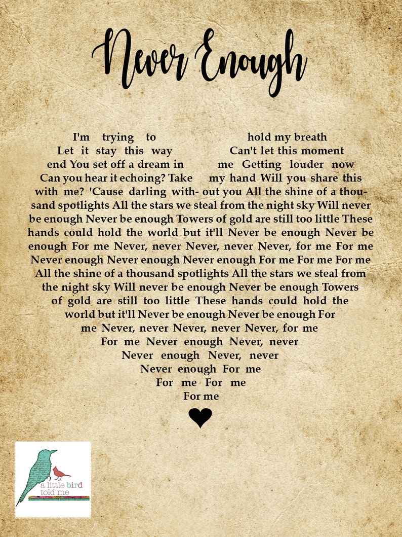 Never Enough The Greatest Showman Song Lyrics Print Heart Etsy