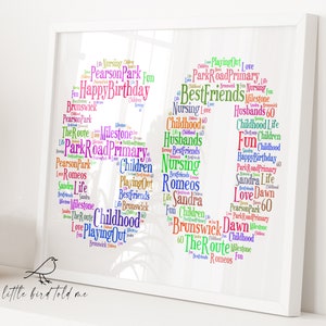 May include: Framed print with the number 60 formed by colorful words like "Happy Birthday," "Best Friends," and "Childhood." The print is in a white frame and includes the text "a little bird told me" at the bottom.