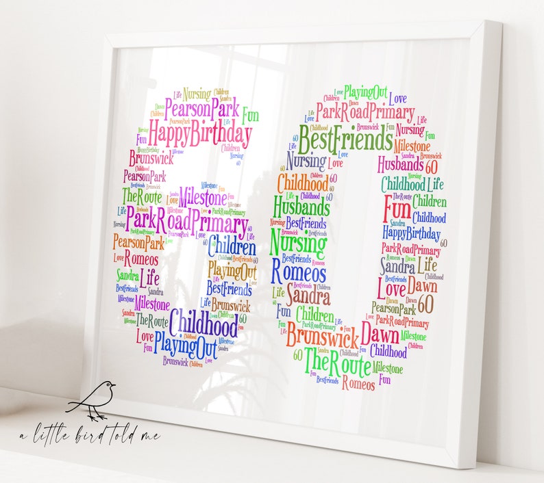 May include: Framed print with the number 60 formed by colorful words like "Happy Birthday," "Best Friends," and "Childhood." The print is in a white frame and includes the text "a little bird told me" at the bottom.