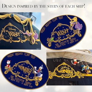 Pu&ograve; includere: Un collage di quattro immagini che mostrano la poppa delle navi da crociera Disney. L'immagine in alto a sinistra mostra la nave Disney Wish con il testo "Disney Wish" in lettere dorate su uno sfondo blu. L'immagine in alto a destra mostra un primo piano della poppa della nave Disney Wish con il testo "Where Dreams Come True" e "Disney Wish" in lettere dorate su uno sfondo blu. L'immagine in basso a sinistra mostra un primo piano della poppa della nave Disney Wonder con il testo "Where Dreams Come True" e "Disney Wonder" in lettere dorate su uno sfondo blu. L'immagine in basso a destra mostra la nave Disney Wonder con il testo "Disney Wonder" in lettere dorate su uno sfondo blu.