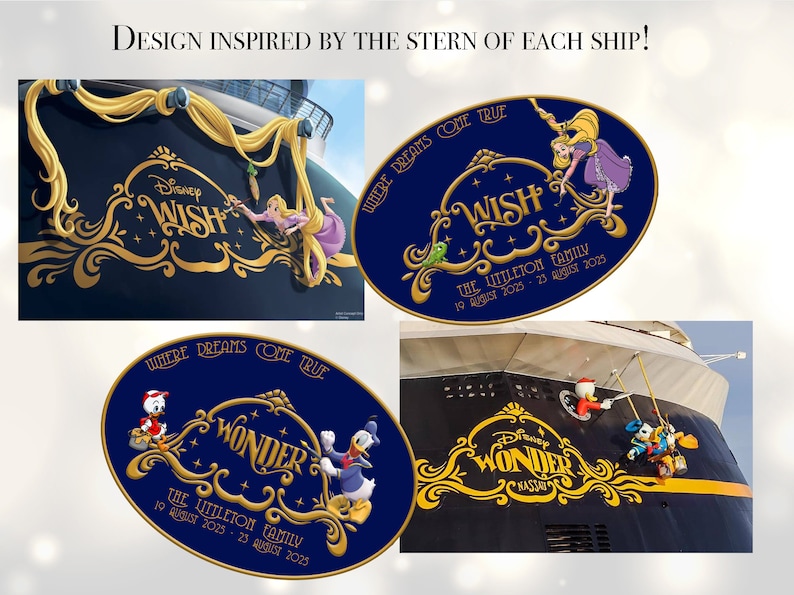 Pu&ograve; includere: Un collage di quattro immagini che mostrano la poppa delle navi da crociera Disney. L'immagine in alto a sinistra mostra la nave Disney Wish con il testo "Disney Wish" in lettere dorate su uno sfondo blu. L'immagine in alto a destra mostra un primo piano della poppa della nave Disney Wish con il testo "Where Dreams Come True" e "Disney Wish" in lettere dorate su uno sfondo blu. L'immagine in basso a sinistra mostra un primo piano della poppa della nave Disney Wonder con il testo "Where Dreams Come True" e "Disney Wonder" in lettere dorate su uno sfondo blu. L'immagine in basso a destra mostra la nave Disney Wonder con il testo "Disney Wonder" in lettere dorate su uno sfondo blu.