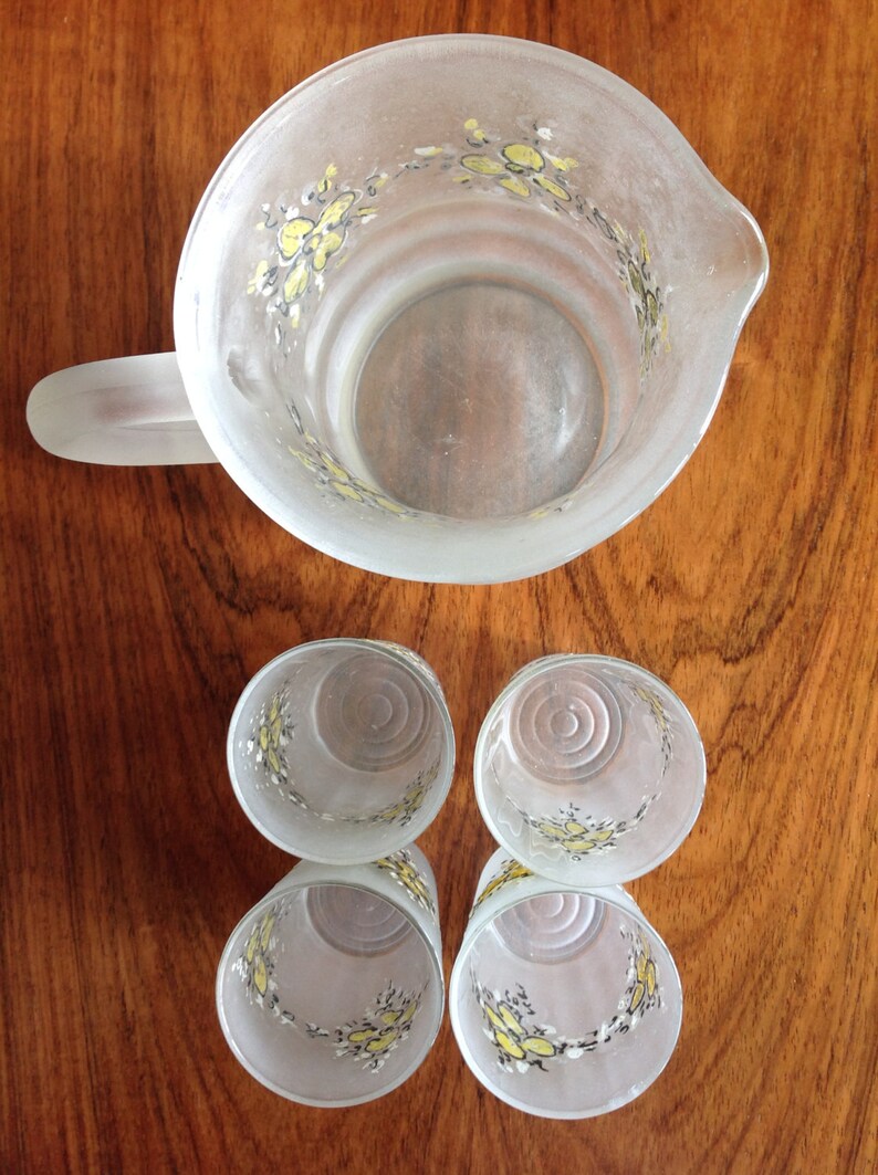 Vintage water lemonade pitcher set frosted glass with enamel Etsy
