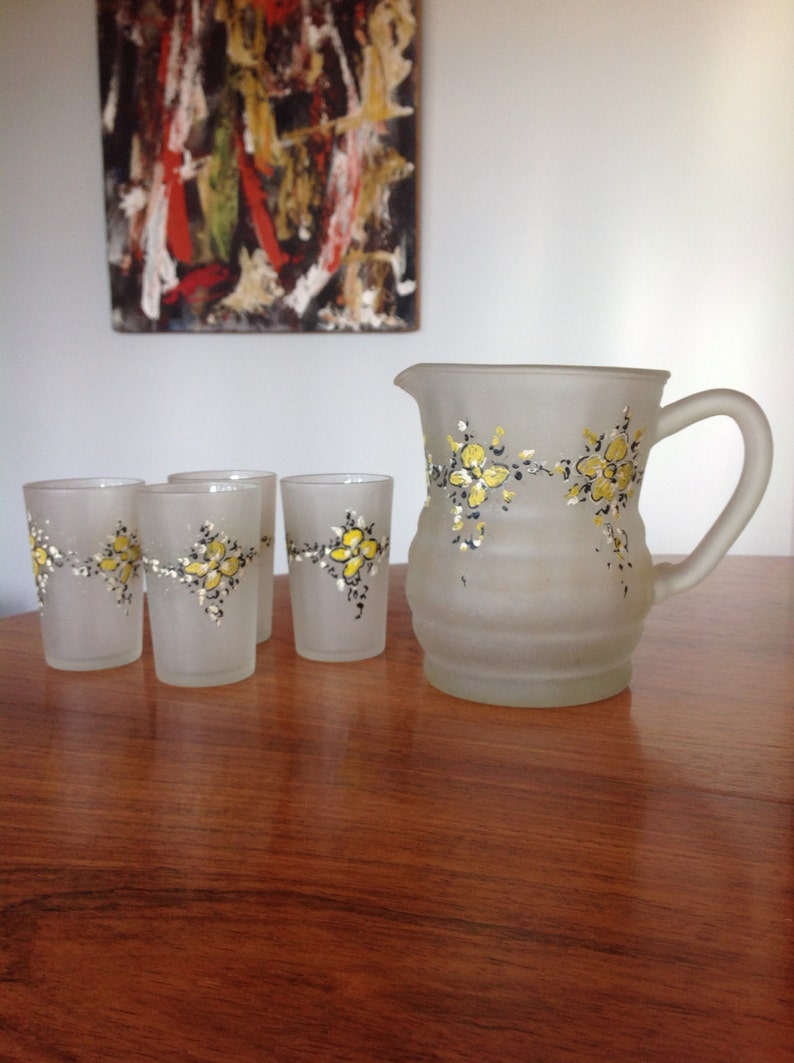 Vintage water lemonade pitcher set frosted glass with enamel Etsy