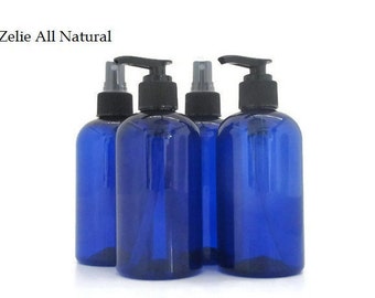 8 oz. Cobalt Blue Plastic Bottles with Pumps or Sprayer - PET Boston Round Bottles, Set of 4 Empty Bottles.