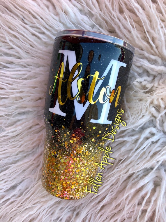 Black To Gold Glitter Ombre Glitter Tumbler Or Stemless Wine Etsy