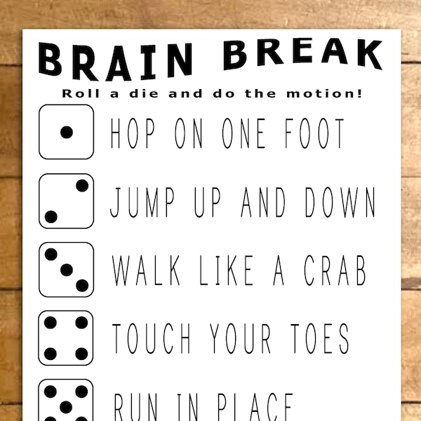 Brain Break Dice Game, Printable Exercise Activity, Kids Classroom Activity