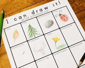 Printable Nature Scavenger Hunt, Kid's Fun Download and Print Outside Activity, Coloring Sheet, I Spy Outside, Seek and Find, Draw It