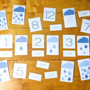 Activité de correspondance de nombre de gouttes de pluie, cartes flash imprimables de nombre, téléchargement d'apprentissage de temps, leçon d'école à la maison, jeu éducatif d'enfants
