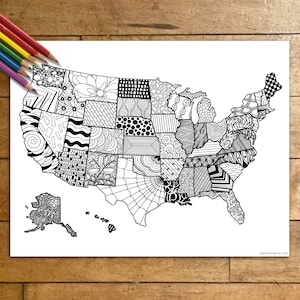 Page de coloriage des États-Unis d'Amérique, feuille d'activité imprimable USA Zentangle, carte des États, page de coloriage pour enfants, coloriage adulte, carte des ventes