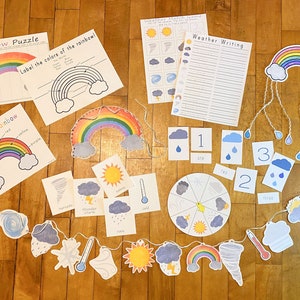 Forfait d'activités imprimables sur le thème de la météo, téléchargements éducatifs pour enfants, ressources pédagogiques arc-en-ciel, leçons d'école à la maison