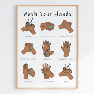 Lávese las manos cartel imprimible, arte de la pared del aula, decoración del baño, descarga de arte de la habitación de los niños
