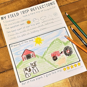 Puede incluir: Una hoja de trabajo con un dibujo de una escena de granja, que incluye un granero rojo, una vaca, un tractor y un ternero. La hoja de trabajo pide al estudiante que reflexione sobre su viaje de campo a la granja Miller y califique el viaje de cinco estrellas. El texto en la hoja de trabajo dice: "Mis reflexiones sobre el viaje de campo", "hice un viaje de campo el 8 de agosto", "a la granja Miller", "El clima era:", "La mejor parte de nuestro viaje fue: Aprender", "cómo ordeñar una vaca y estar", "capaz de acariciar un ternero.", "Dibujo del día:", "De cinco estrellas, le doy a este viaje:", "wainboughco.com".
