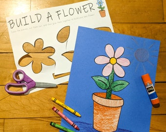 Construya una manualidad imprimible con flores, manualidad con papel de primavera, actividad preescolar en interiores, página para colorear para niños, descarga para educación en el hogar