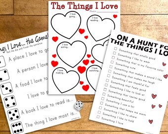 Things I Love Activity Bundle, Printable Scavenger Hunt, Dice Game, Valentine Writing Activity, Kids Printables, Valentines Activities