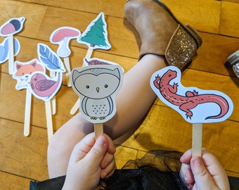 Fantoches de animais da floresta, fantoches para impressão em vara artesanal, brincadeira de simulação infantil da natureza
